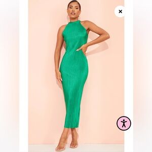 Pretty Little Thing Green Plisse High Neck Midi Dress